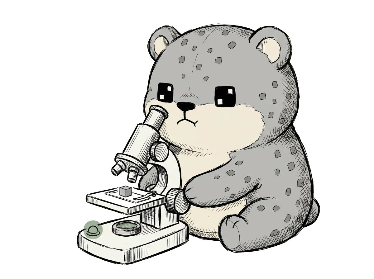 The reachpad mascot looking into a microscope at a small gray cube on the slide